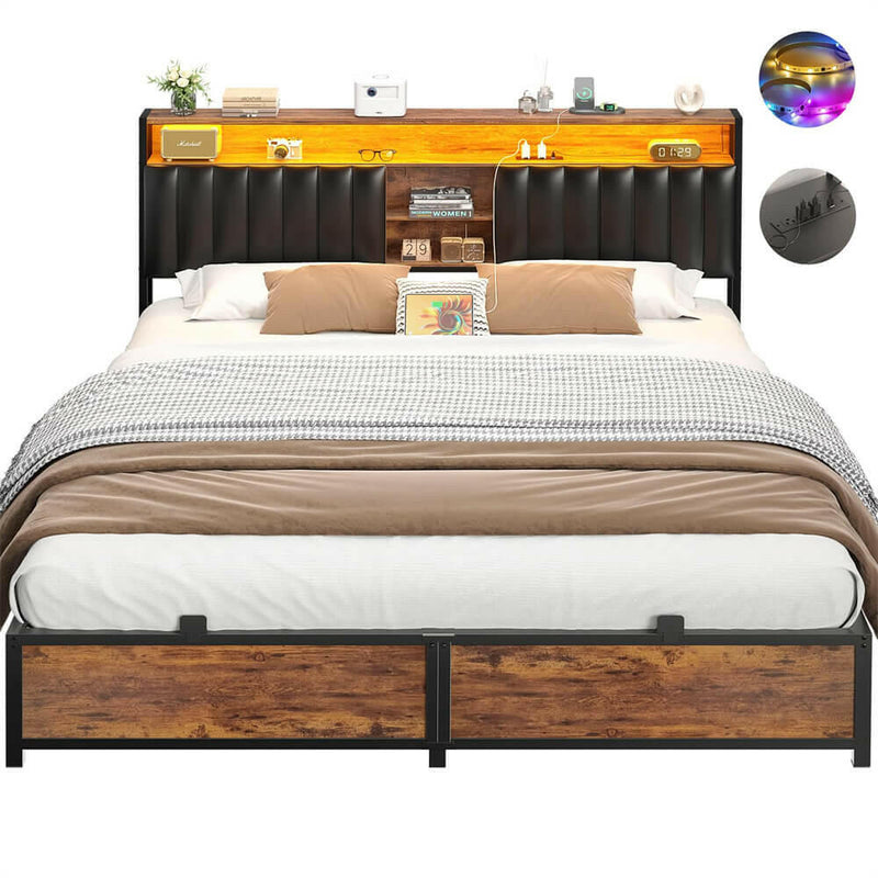 King Size Bed Frame with Power Outlets & LED Lights, With Open Bookcase Storage