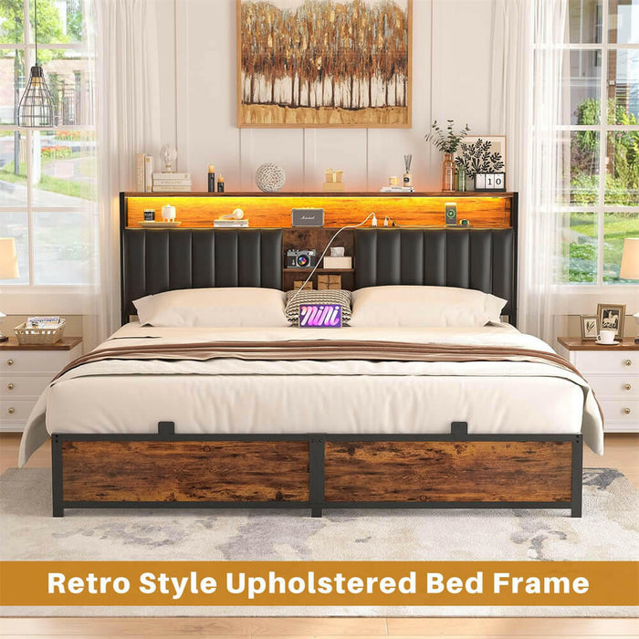 King Size Bed Frame with Power Outlets & LED Lights, With Open Bookcase Storage