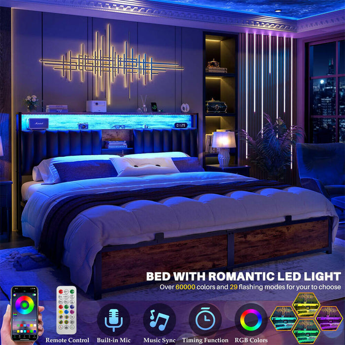 King Size Bed Frame with Power Outlets & LED Lights, With Open Bookcase Storage