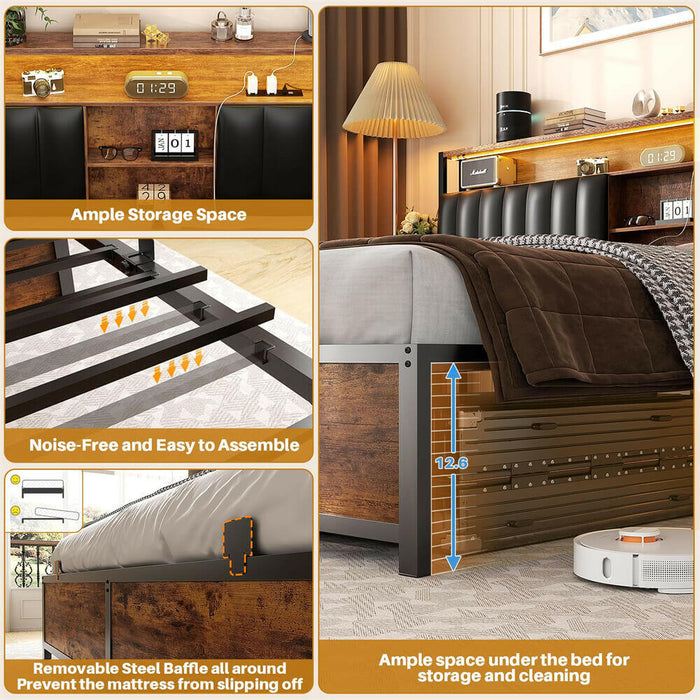 King Size Bed Frame with Power Outlets & LED Lights, With Open Bookcase Storage