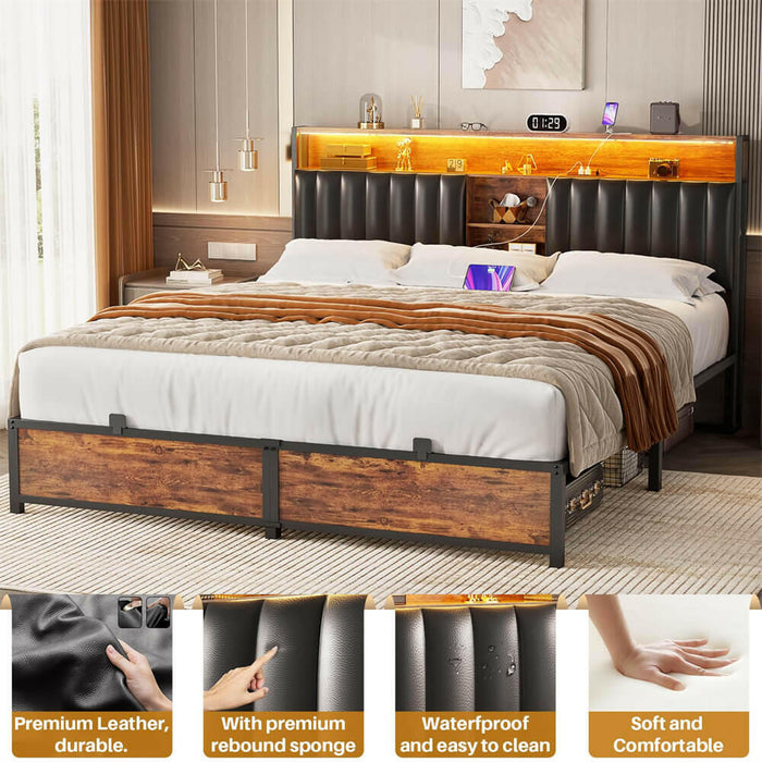 King Size Bed Frame with Power Outlets & LED Lights, With Open Bookcase Storage