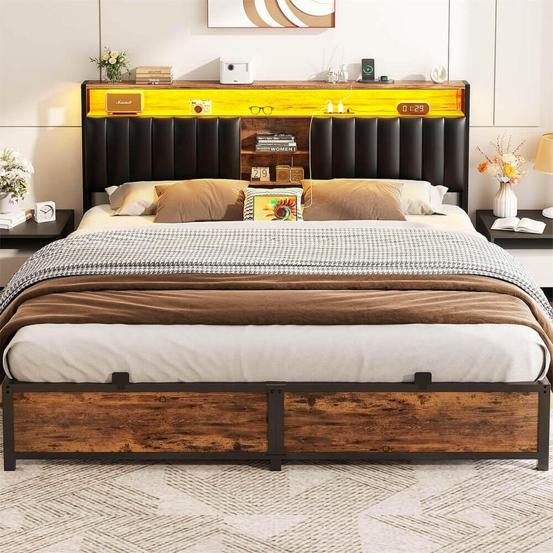 King Size Bed Frame with Power Outlets & LED Lights, With Open Bookcase Storage