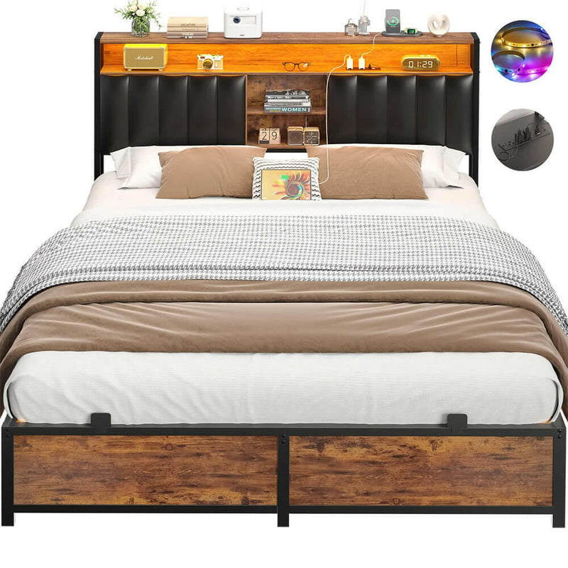 Queen Size Bed Frame with Power Outlets & LED Lights, With Open Bookcase Storage