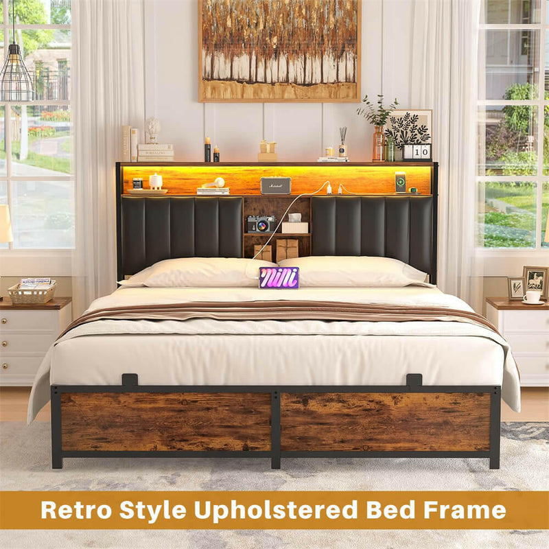 Queen Size Bed Frame with Power Outlets & LED Lights, With Open Bookcase Storage