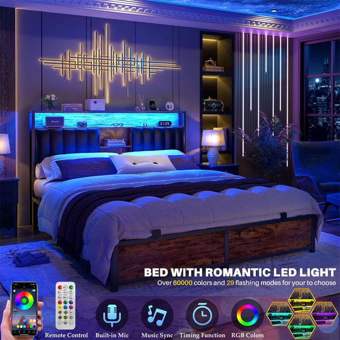 Queen Size Bed Frame with Power Outlets & LED Lights, With Open Bookcase Storage