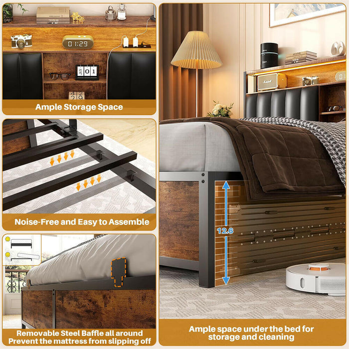 Queen Size Bed Frame with Power Outlets & LED Lights, With Open Bookcase Storage