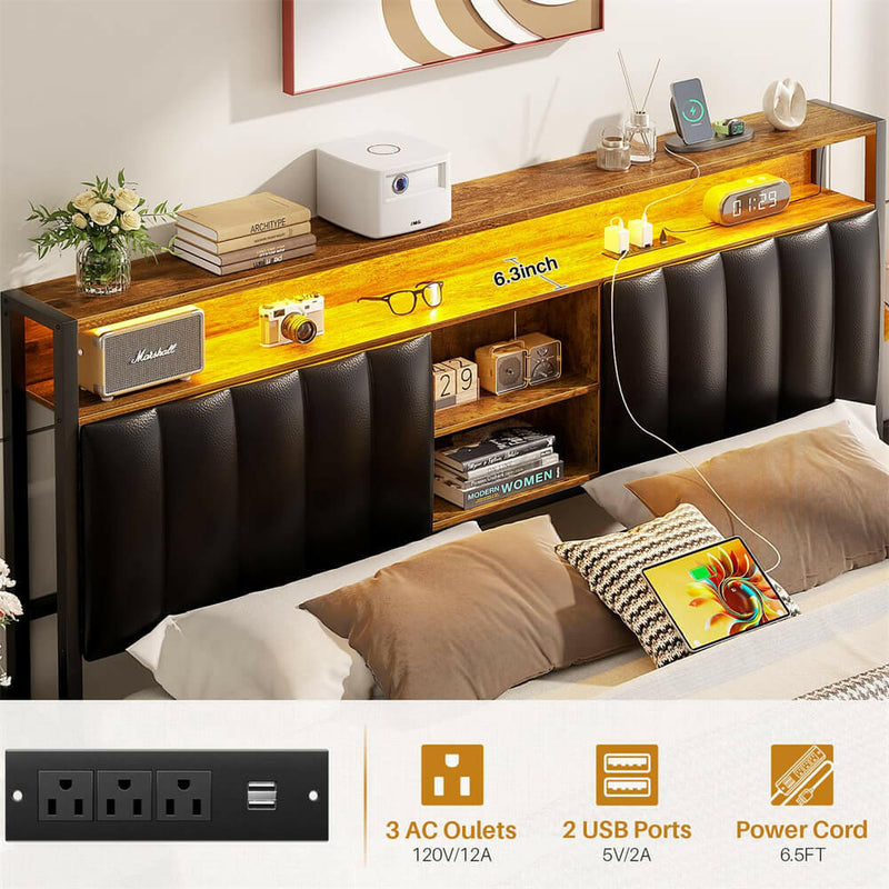 Queen Size Bed Frame with Power Outlets & LED Lights, With Open Bookcase Storage