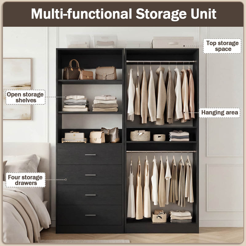 46.3''W 2-Piece Closet System with Drawers, Hanging Rods and Adjustable Shelves