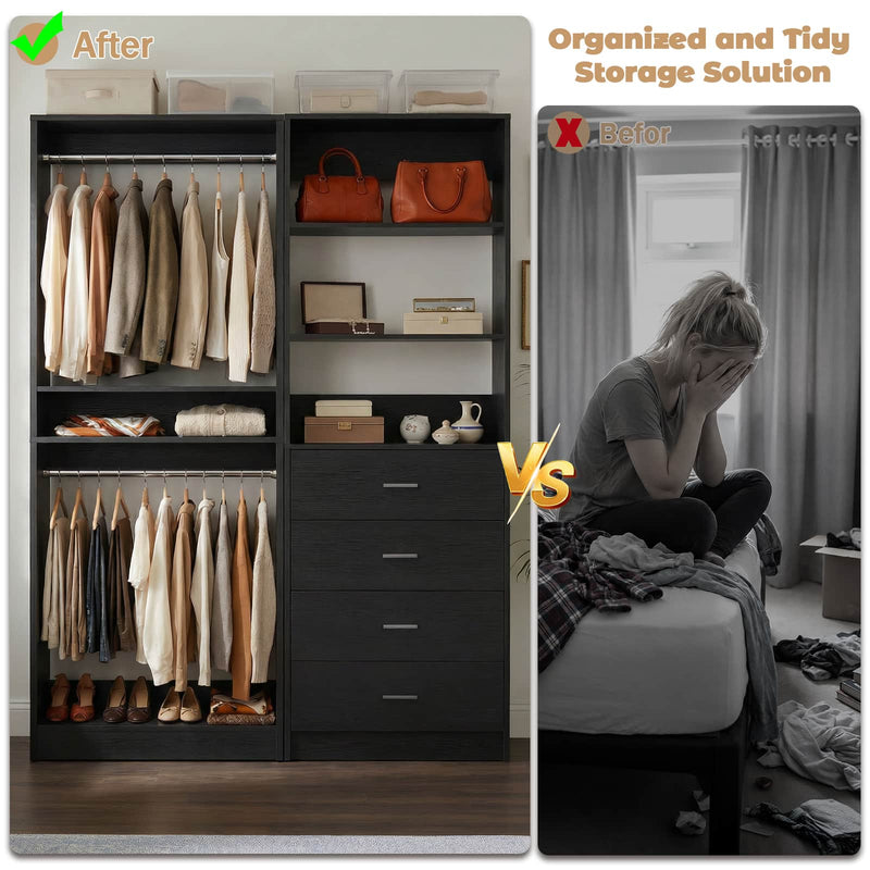 46.3''W 2-Piece Closet System with Drawers, Hanging Rods and Adjustable Shelves