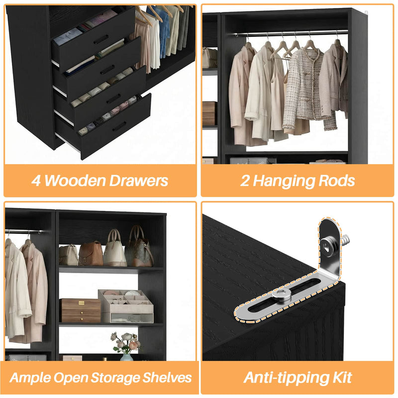 46.3''W 2-Piece Closet System with Drawers, Hanging Rods and Adjustable Shelves