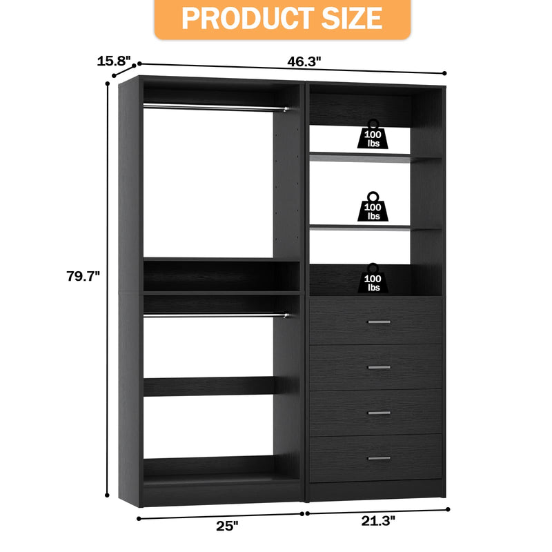 46.3''W 2-Piece Closet System with Drawers, Hanging Rods and Adjustable Shelves