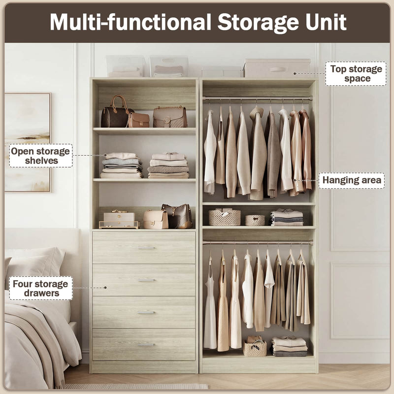 46.3''W 2-Piece Closet System with Drawers, Hanging Rods and Adjustable Shelves