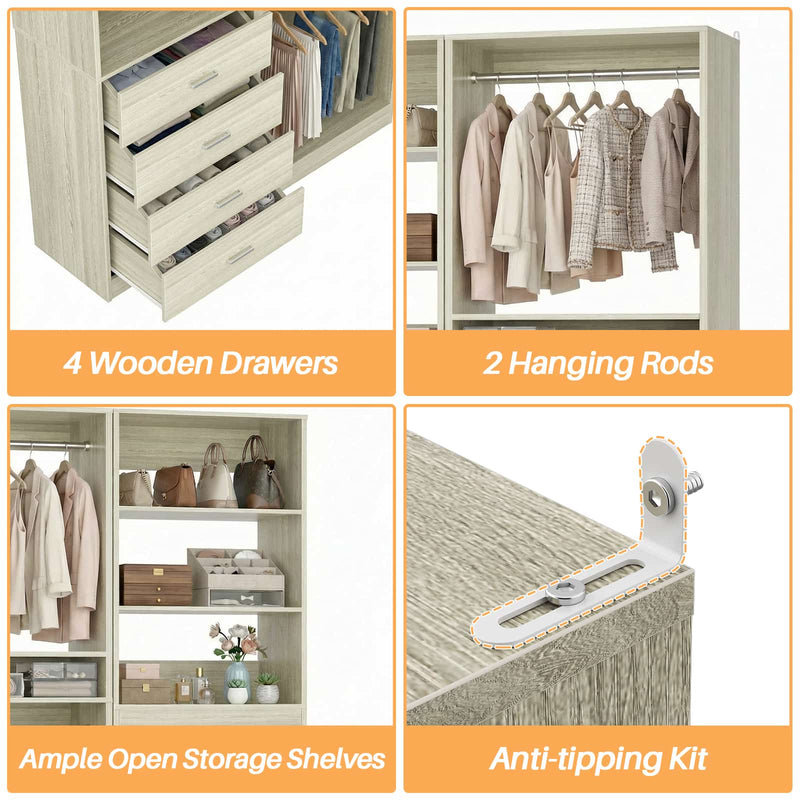 46.3''W 2-Piece Closet System with Drawers, Hanging Rods and Adjustable Shelves