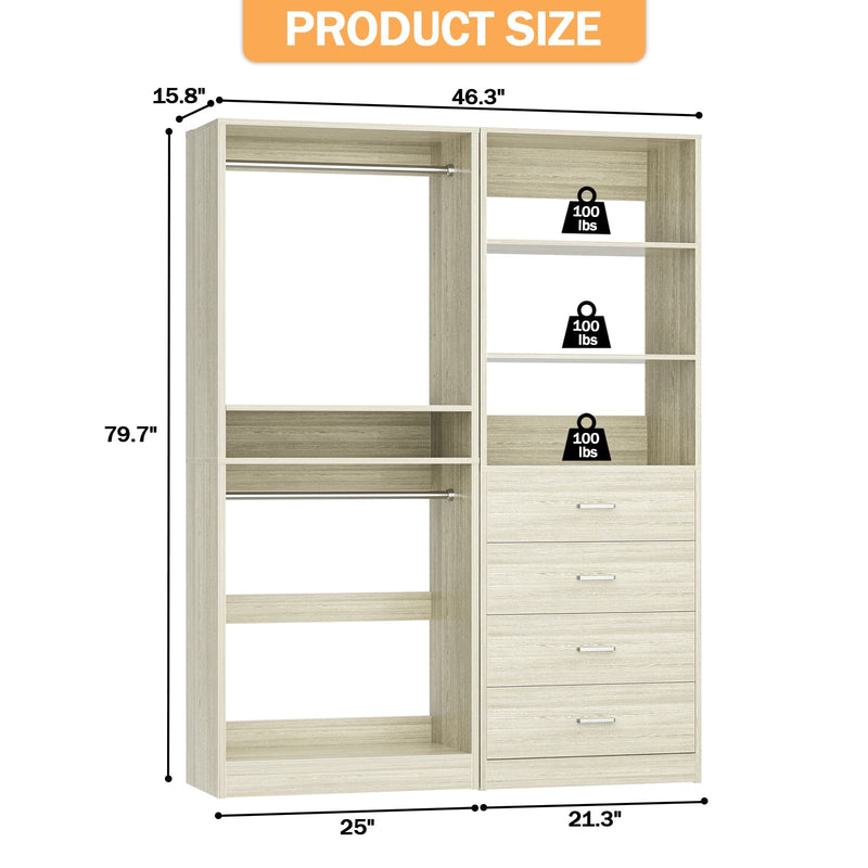 46.3''W 2-Piece Closet System with Drawers, Hanging Rods and Adjustable Shelves