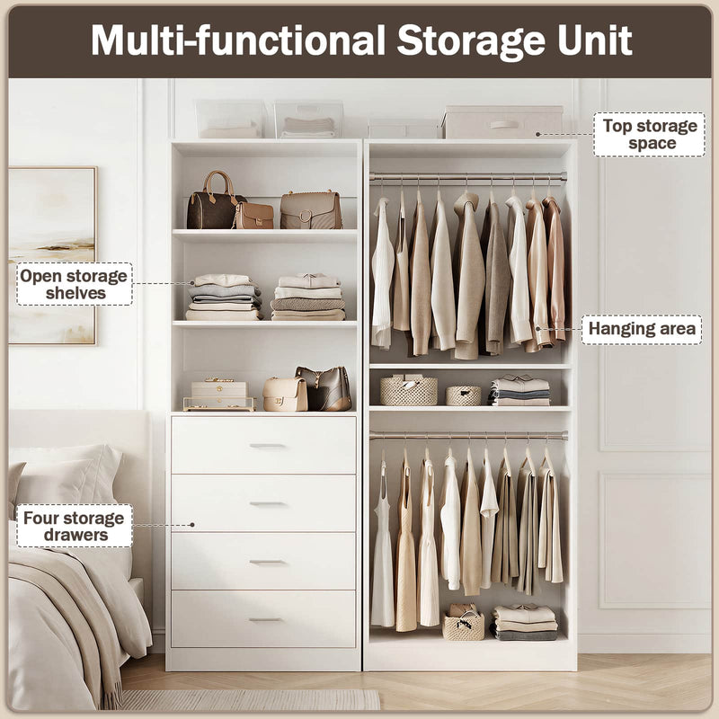 46.3''W 2-Piece Closet System with Drawers, Hanging Rods and Adjustable Shelves