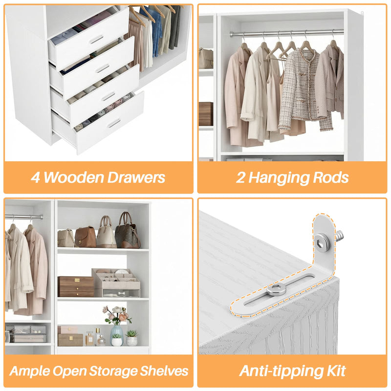 46.3''W 2-Piece Closet System with Drawers, Hanging Rods and Adjustable Shelves