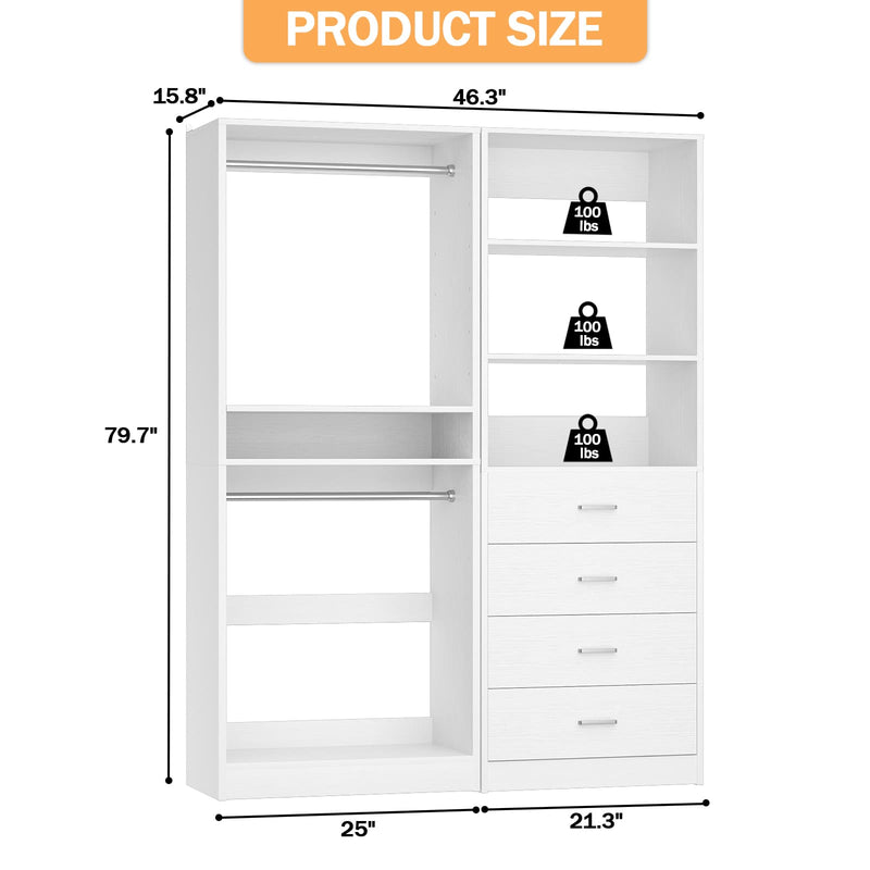 46.3''W 2-Piece Closet System with Drawers, Hanging Rods and Adjustable Shelves