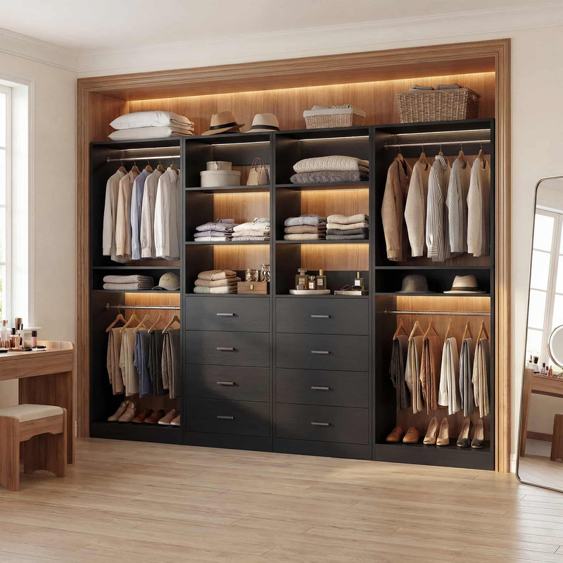 92.6" Walk-In Closet System with 8 Drawers and 4 Hanging Rods, 4-Piece Set