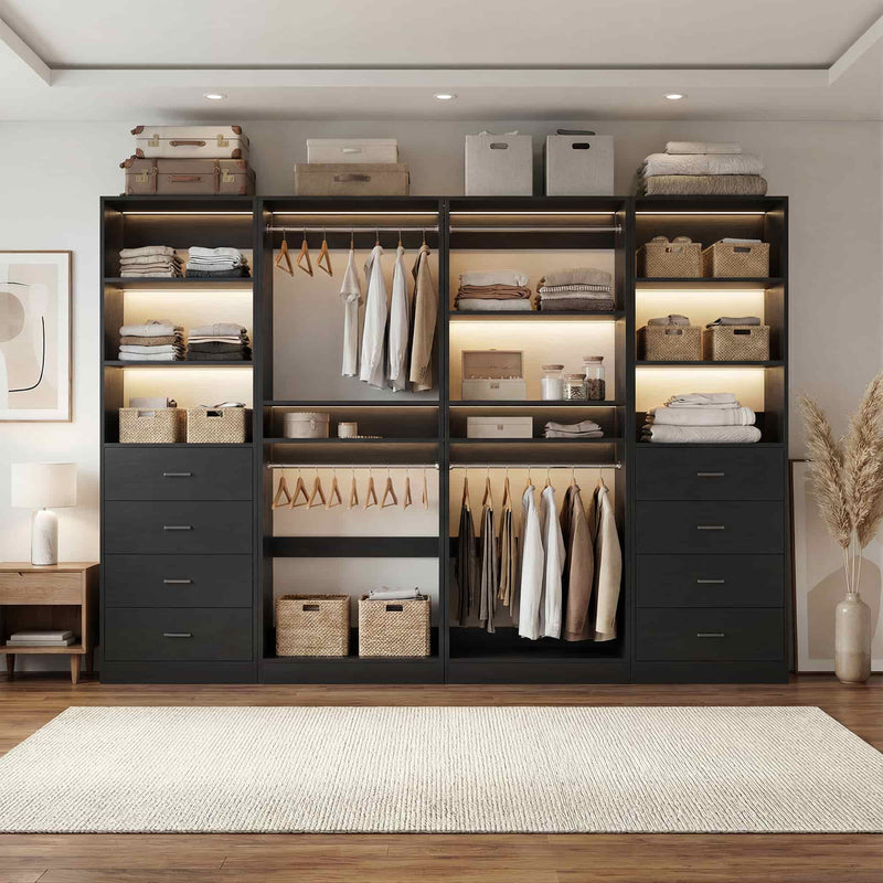 92.6" Walk-In Closet System with 8 Drawers and 4 Hanging Rods, 4-Piece Set