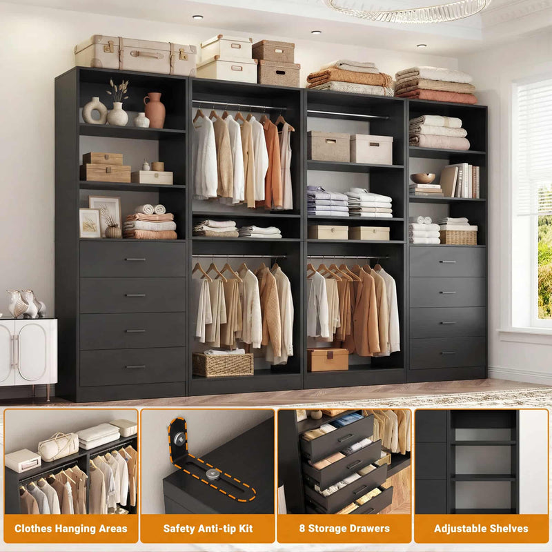 92.6" Walk-In Closet System with 8 Drawers and 4 Hanging Rods, 4-Piece Set