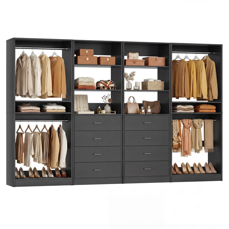 92.6" Walk-In Closet System with 8 Drawers and 4 Hanging Rods, 4-Piece Set