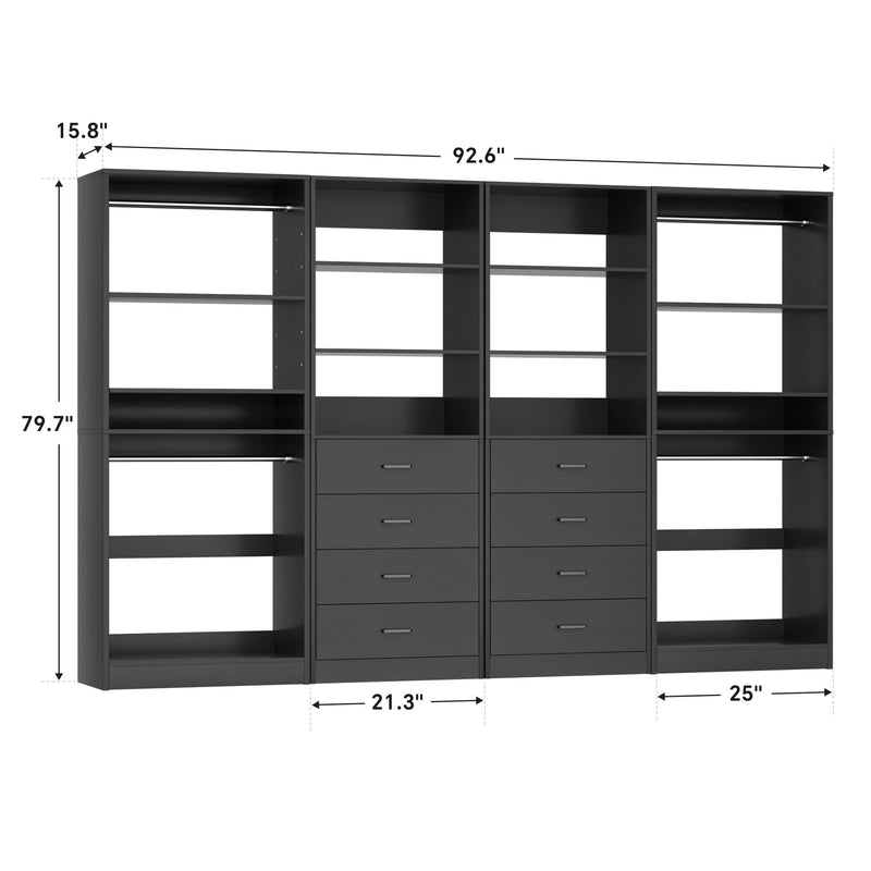 92.6" Walk-In Closet System with 8 Drawers and 4 Hanging Rods, 4-Piece Set