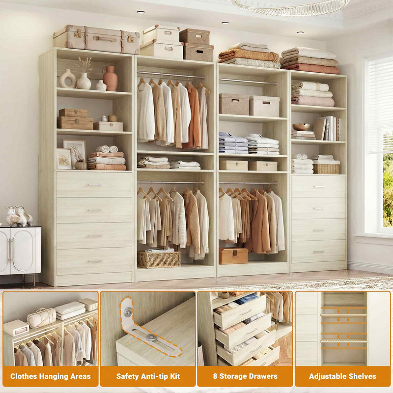 92.6" Walk-In Closet System with 8 Drawers and 4 Hanging Rods, 4-Piece Set