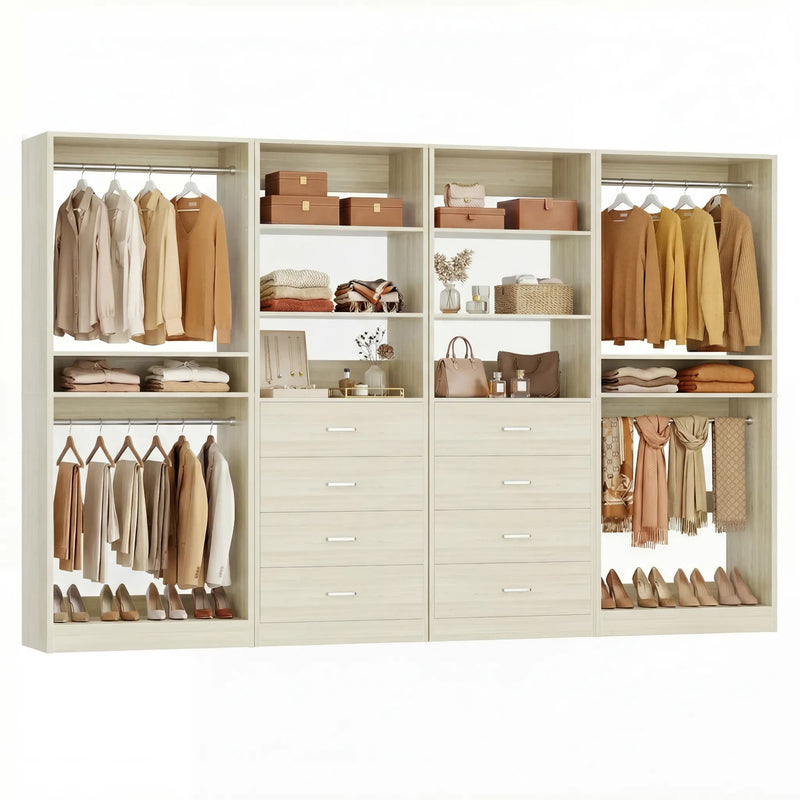 92.6" Walk-In Closet System with 8 Drawers and 4 Hanging Rods, 4-Piece Set