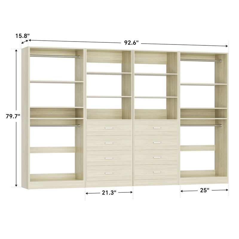 92.6" Walk-In Closet System with 8 Drawers and 4 Hanging Rods, 4-Piece Set