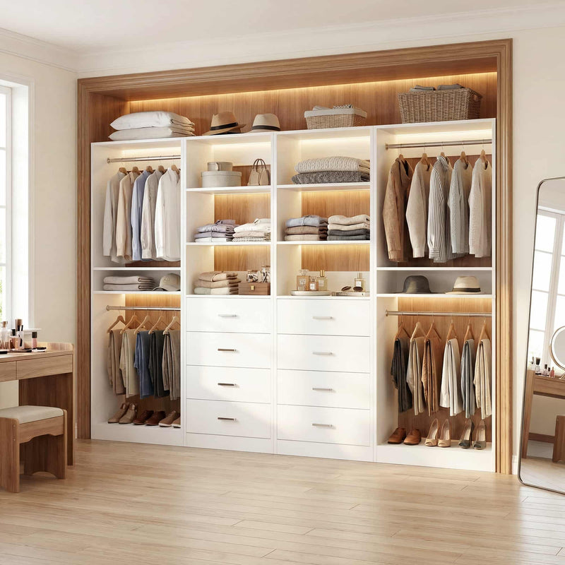 92.6" Walk-In Closet System with 8 Drawers and 4 Hanging Rods, 4-Piece Set