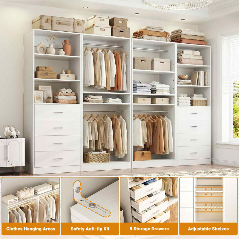92.6" Walk-In Closet System with 8 Drawers and 4 Hanging Rods, 4-Piece Set