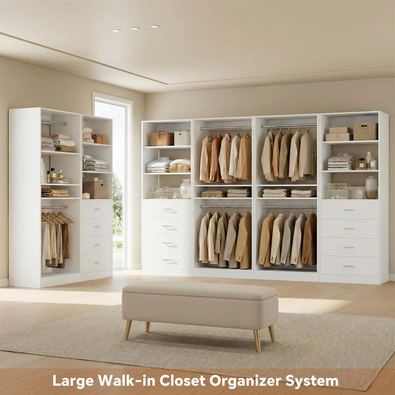 92.6" Walk-In Closet System with 8 Drawers and 4 Hanging Rods, 4-Piece Set
