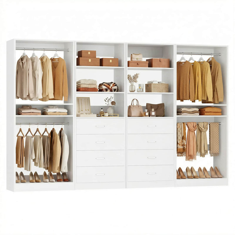 92.6" Walk-In Closet System with 8 Drawers and 4 Hanging Rods, 4-Piece Set