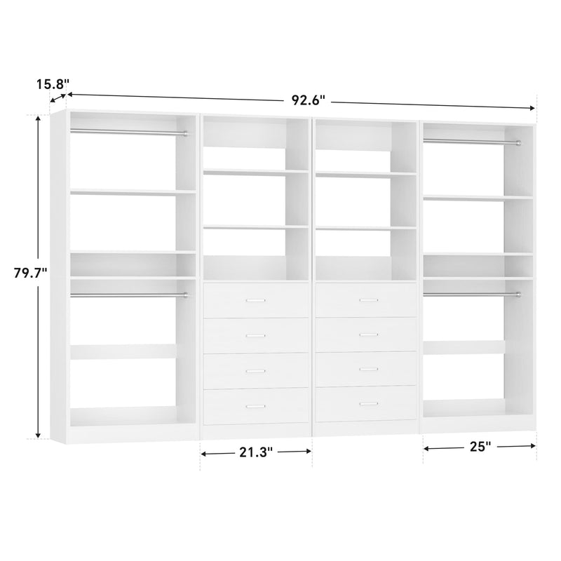 92.6" Walk-In Closet System with 8 Drawers and 4 Hanging Rods, 4-Piece Set