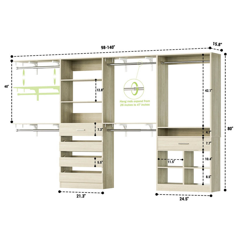 Freestanding Closet Organizer System Set of 2, with 5 Drawers & Hanging Rods