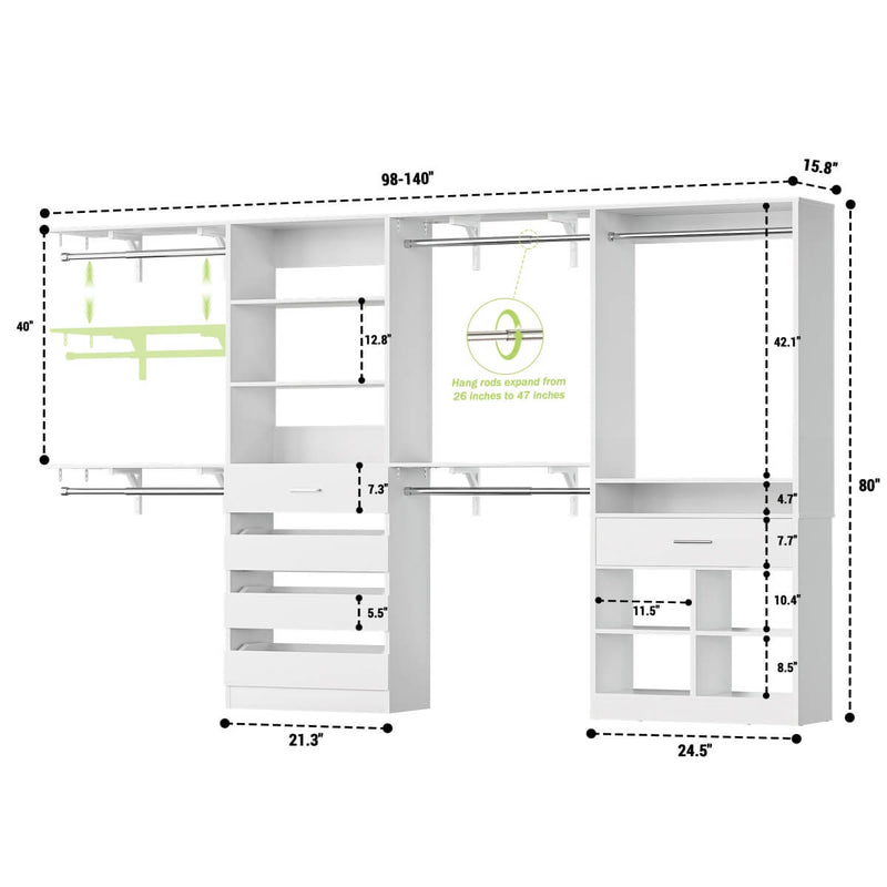 Freestanding Closet Organizer System Set of 2, with 5 Drawers & Hanging Rods