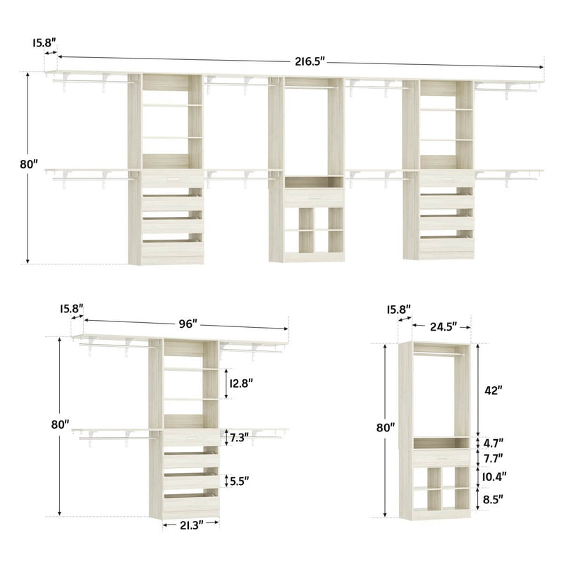 Closet Organizer System Set of 3, with 9 Wooden Drawers & 8 Hanging Rods, Adjustable