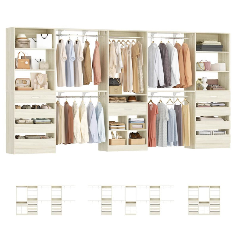 Closet Organizer System Set of 3, with 9 Wooden Drawers & 8 Hanging Rods, Adjustable