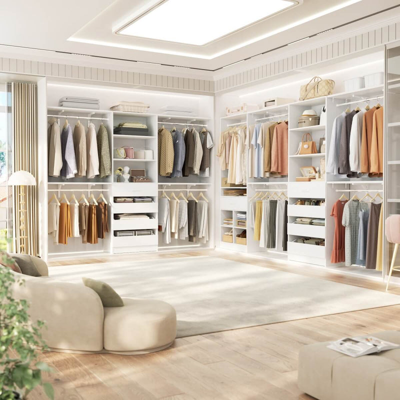 Closet Organizer System Set of 3, with 9 Wooden Drawers & 8 Hanging Rods, Adjustable