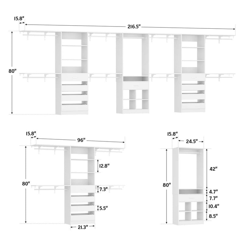 Closet Organizer System Set of 3, with 9 Wooden Drawers & 8 Hanging Rods, Adjustable