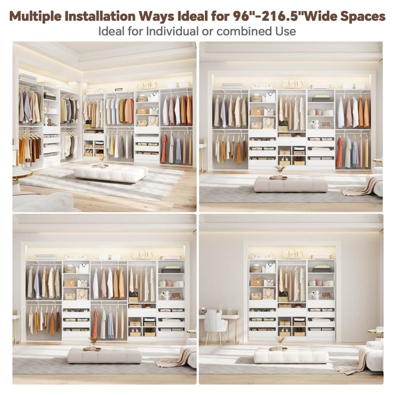 Closet Organizer System Set of 3, with 9 Wooden Drawers & 8 Hanging Rods, Adjustable