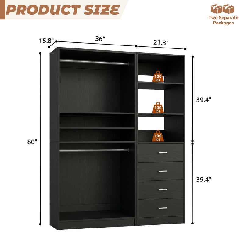 57.3'' W 2-Piece Closet Organizer System with Drawers and Hanging Rods
