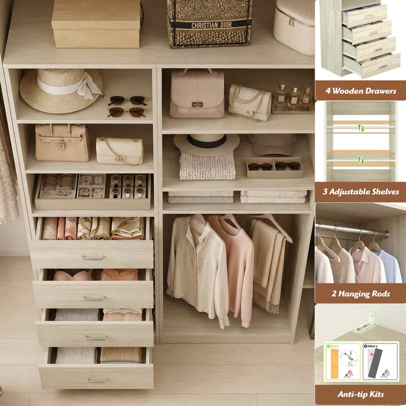 57.3'' W 2-Piece Closet Organizer System with Drawers and Hanging Rods