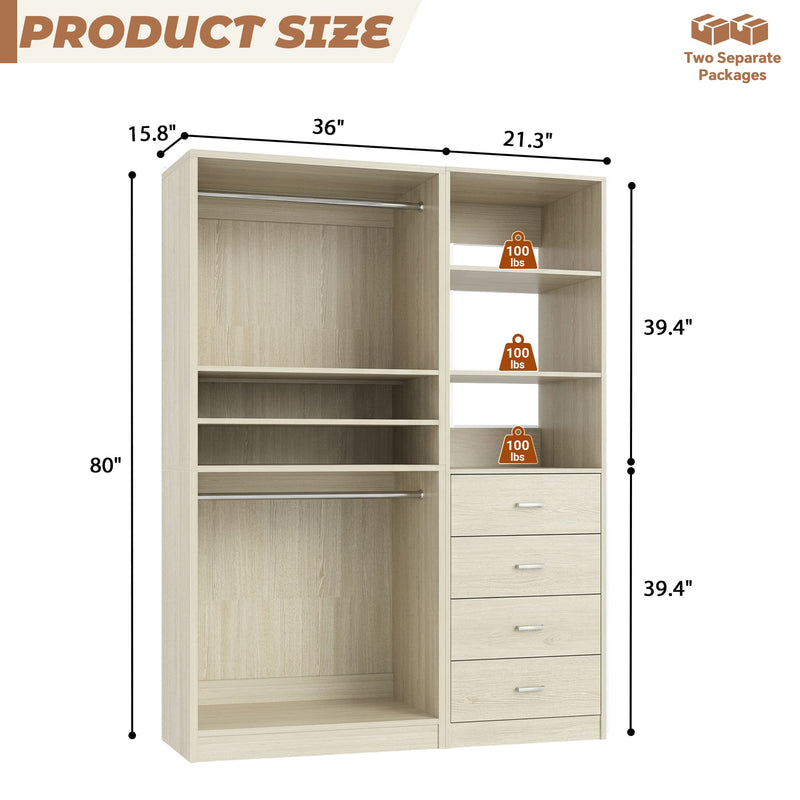 57.3'' W 2-Piece Closet Organizer System with Drawers and Hanging Rods