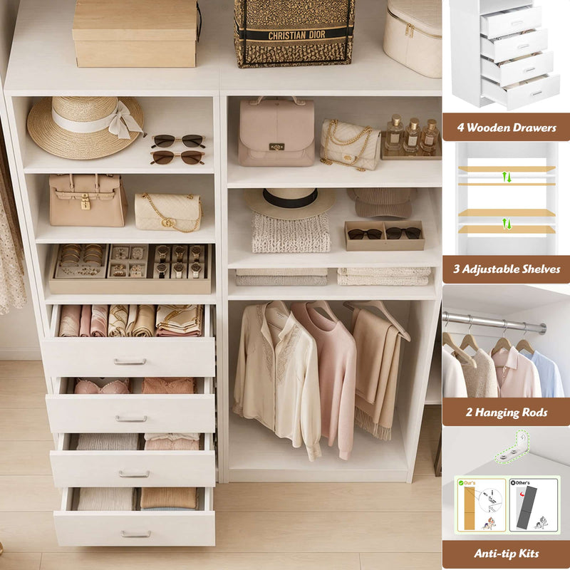 57.3'' W 2-Piece Closet Organizer System with Drawers and Hanging Rods