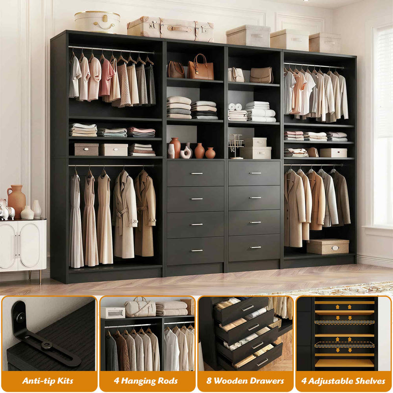 114.6'' Wide 4-Piece Walk-in Closet Organizer with 8 Drawers and 4 Hanging Rods