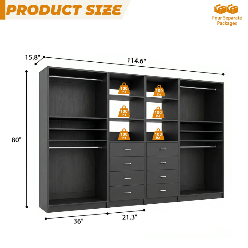 114.6'' Wide 4-Piece Walk-in Closet Organizer with 8 Drawers and 4 Hanging Rods