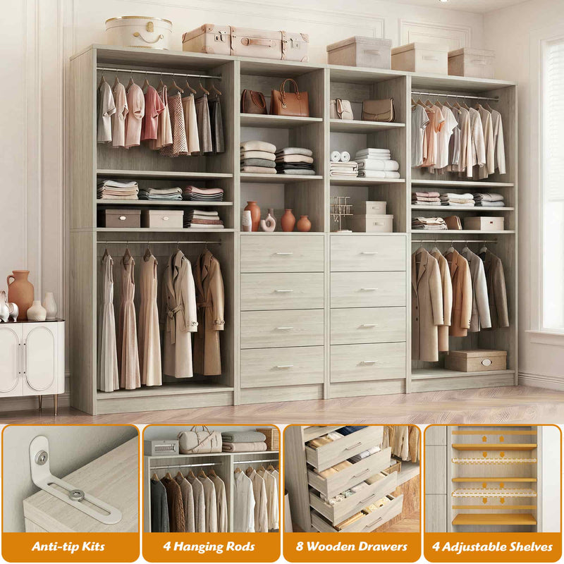 114.6'' Wide 4-Piece Walk-in Closet Organizer with 8 Drawers and 4 Hanging Rods