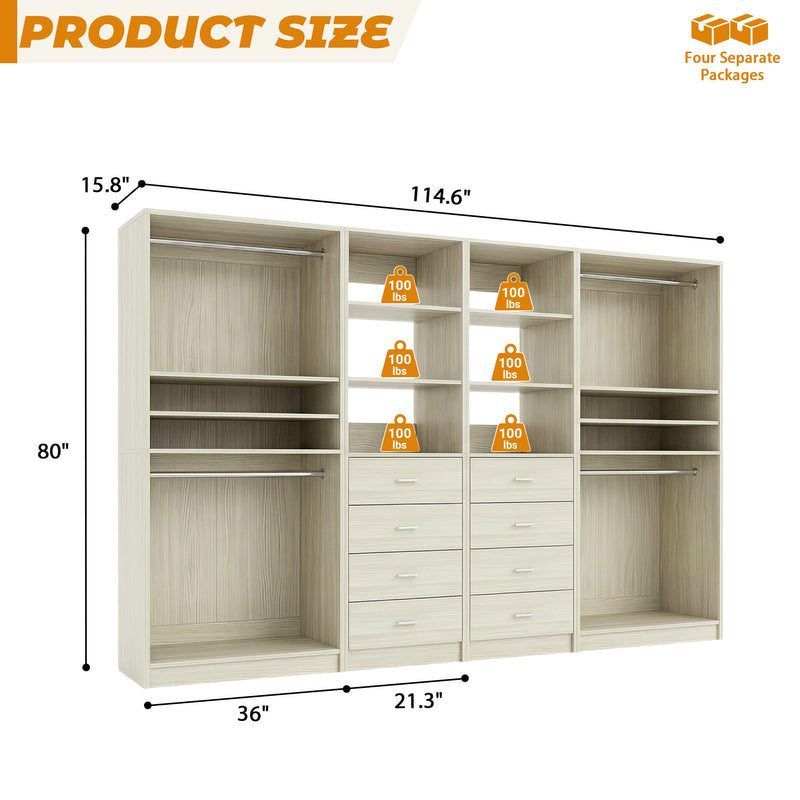 114.6'' Wide 4-Piece Walk-in Closet Organizer with 8 Drawers and 4 Hanging Rods