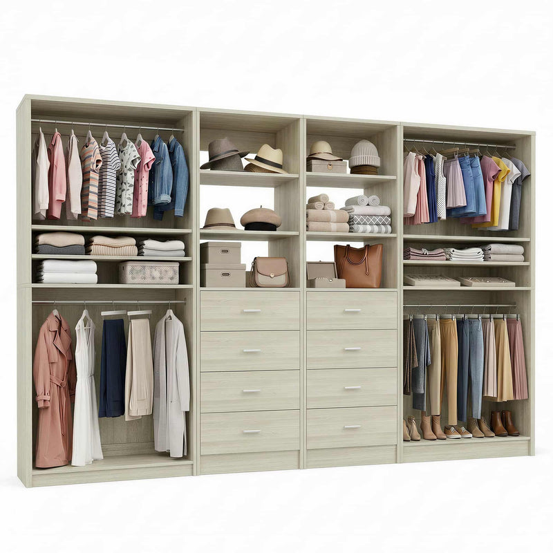 114.6'' Wide 4-Piece Walk-in Closet Organizer with 8 Drawers and 4 Hanging Rods